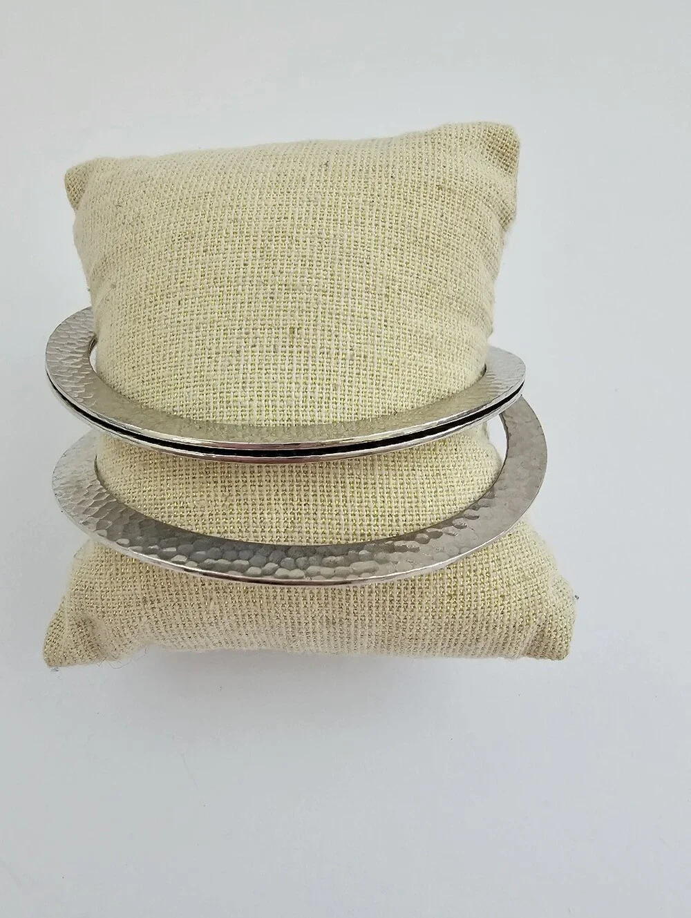 Vintage Mixed Metal Bangle Bracelets Hammered Silver Flat Stack Set Of 3